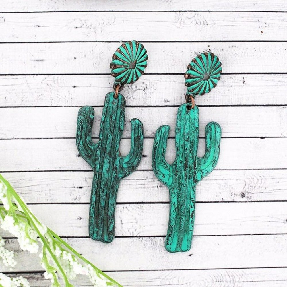 Western Patina Cactus Earrings